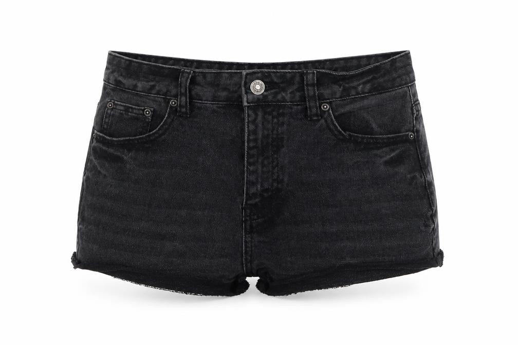 Front view of Denim & Co. women’s black cotton hot pants shorts, size UK 8, 3-inch leg regular zip