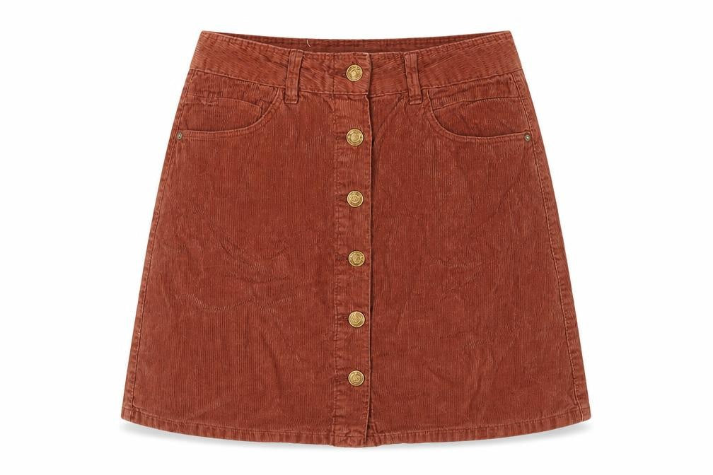 Front view of Sfera women’s brown cotton a-line skirt, size M, button