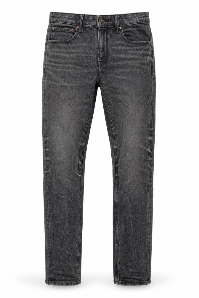 Front view of ASOS men’s grey cotton straight jeans, size 30, in, 30-inch leg regular zip