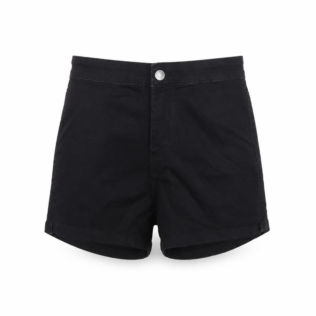 Front view of Denim & Co. women’s black cotton hot pants shorts, size UK 8, regular zip