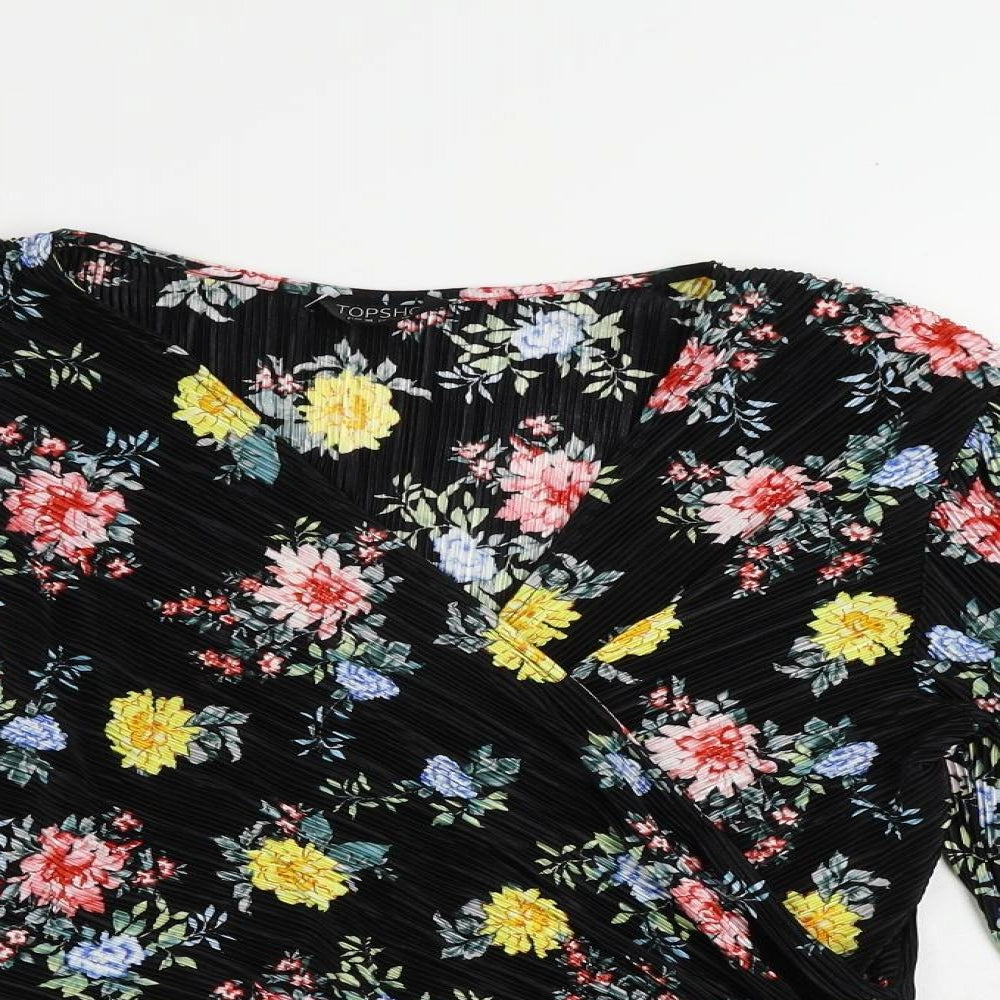 Topshop Womens Black Floral Polyester Cropped Blouse Size 10 V-Neck - Plisse