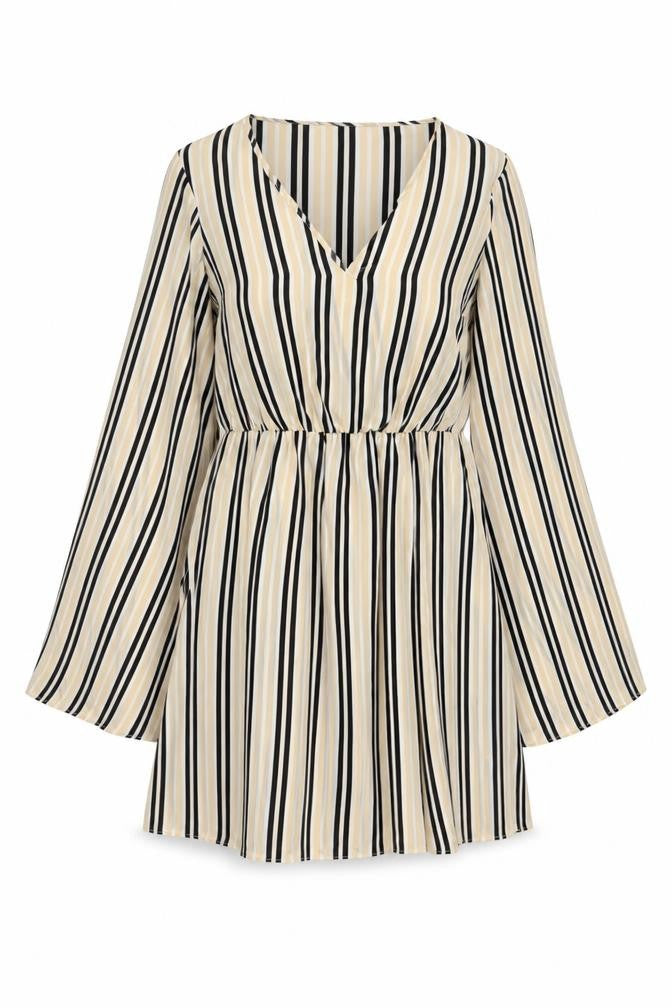 Front view of Missguided women’s beige striped polyester mini, size UK 6, v-neck pullover