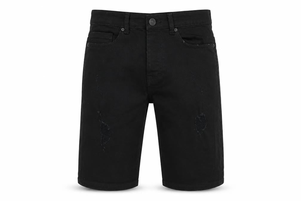 Front view of Denim & Co. men’s black cotton bermuda shorts, size 28, in, 11-inch leg regular button