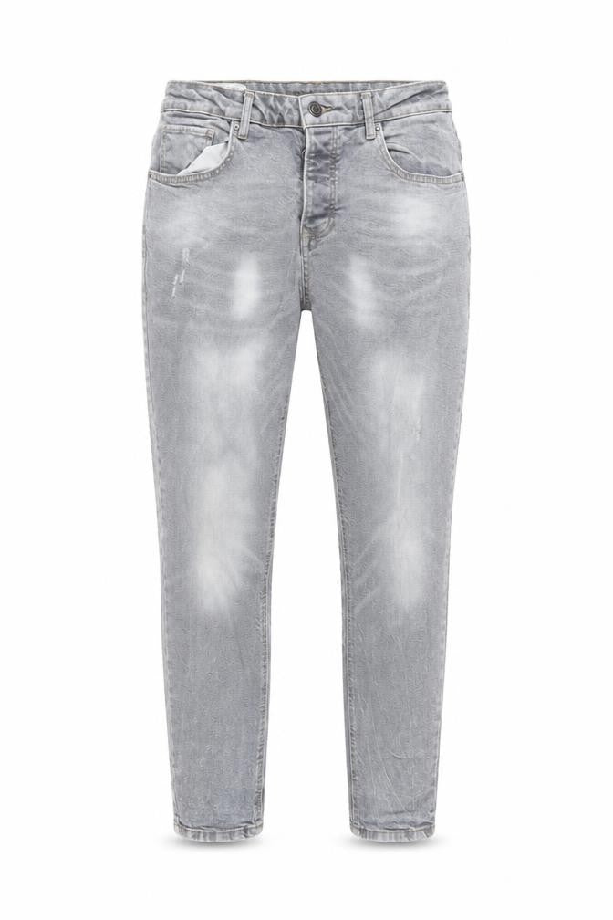 Front view of Denim & Co. men’s grey cotton skinny jeans, size 34, in, 32-inch leg regular button