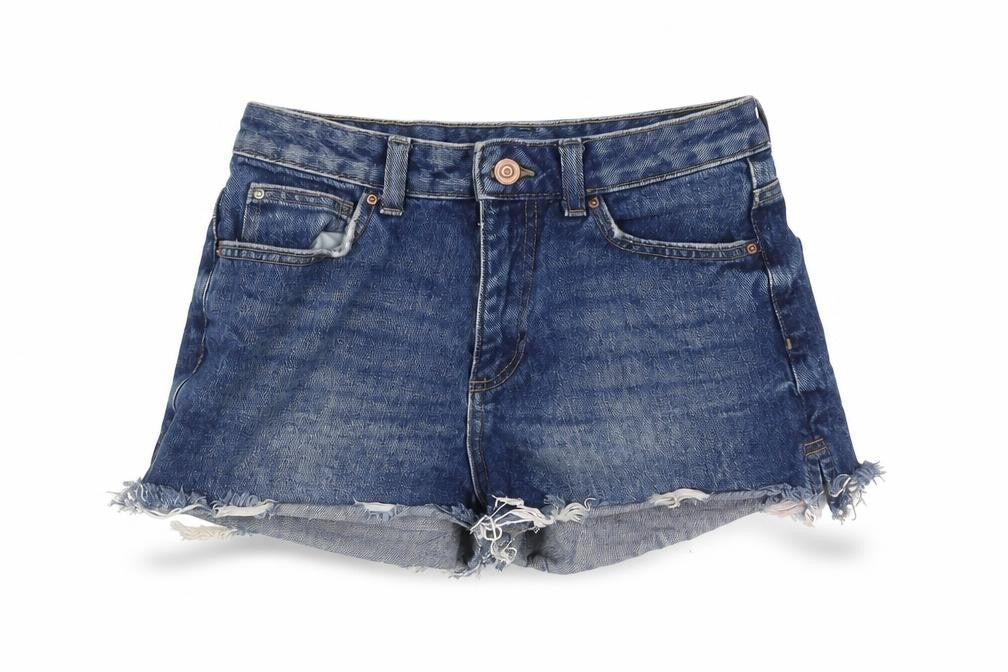 Front view of Denim & Co. women’s blue cotton cut-off shorts, size UK 10, regular zip - distressed