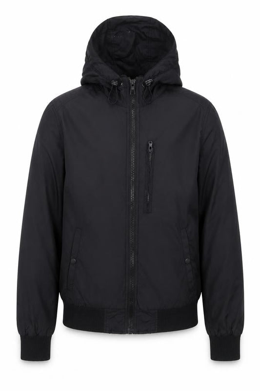 Front view of ASOS men’s black jacket, size XS, zip - zip pockets