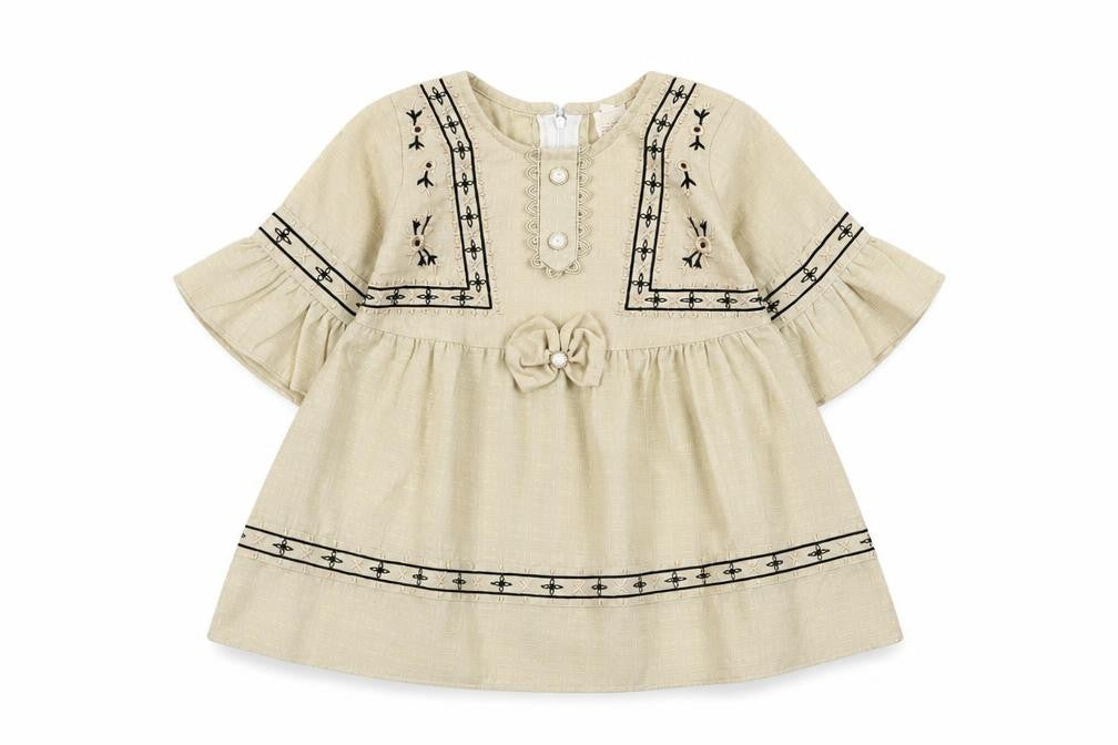 Front view of Attitude girls’ beige fair isle cotton a-line, size 18, months crew neck zip - embroidered