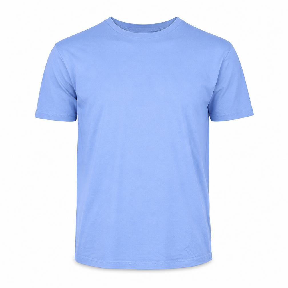 Front view of Atlantic Bay men’s blue cotton t-shirt, size M, crew neck