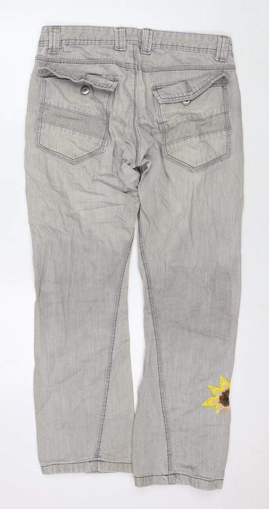 Twisted Womens Grey Cotton Straight Jeans Size 34 in L30 in Regular Zip - Embraided Flowers