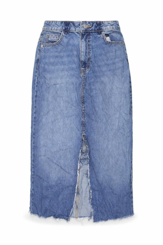 Front view of Denim & Co. women’s blue cotton a-line skirt, size UK 8, zip