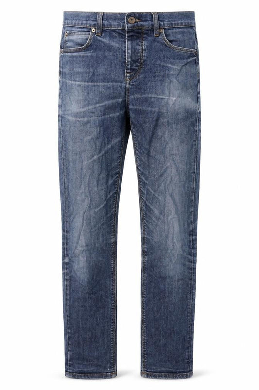 Front view of ASOS men’s blue cotton skinny jeans, size 28, in, 31-inch leg regular zip