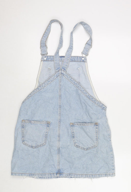 Denim & Co. Womens Blue Cotton Pinafore/Dungaree Dress Size 10 Square Neck Button - Distressed