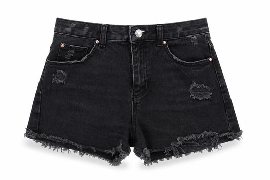 Front view of Denim & Co. women’s black cotton cut-off shorts, size UK 12, 3-inch leg regular zip