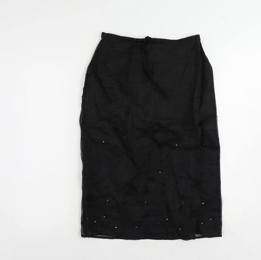Warehouse Womens Black Silk Straight & Pencil Skirt Size 12 Zip - Embroidered