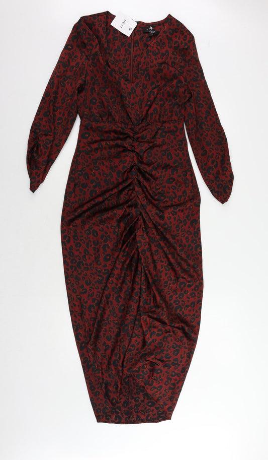 NEXT Womens Red Animal Print Polyester Sheath Size 6 V-Neck Zip - Ruched