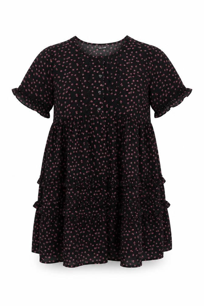 Topshop Womens Black Floral Polyester A-Line Size 10 Round Neck Button - Ruffle