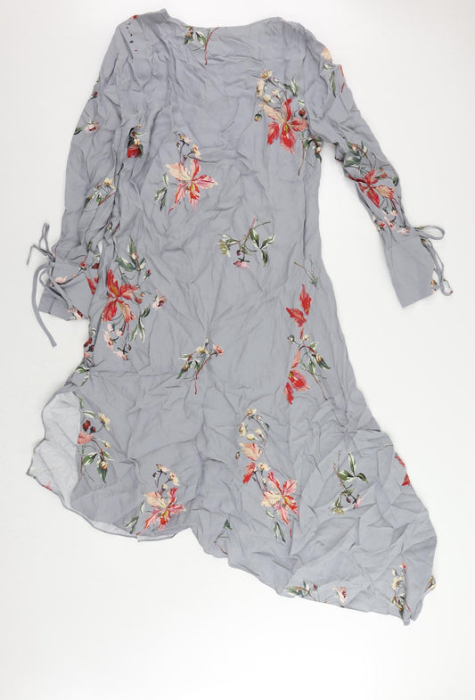 Modern Rarity Womens Grey Floral Viscose A-Line Size 8 V-Neck - Asymmetric