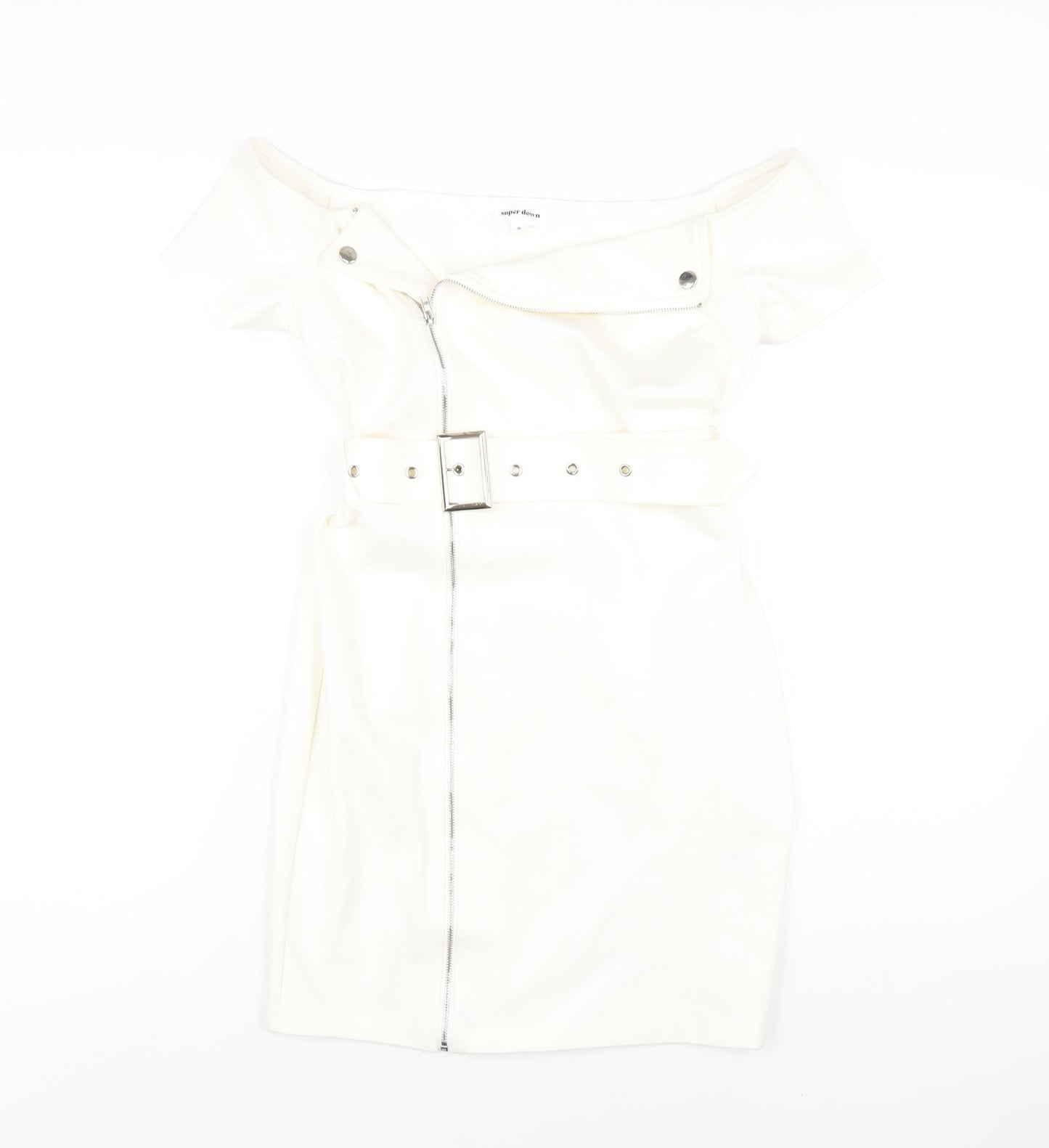 Super Down Womens White Viscose Mini Size S Off the Shoulder Zip