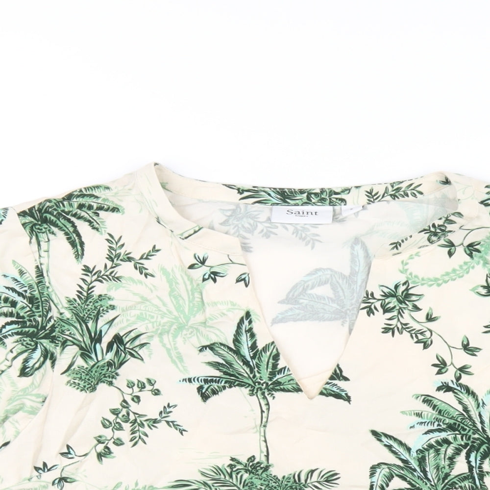 Saint Tropez Clothing Womens Ivory Floral Viscose Basic T-Shirt Size S V-Neck