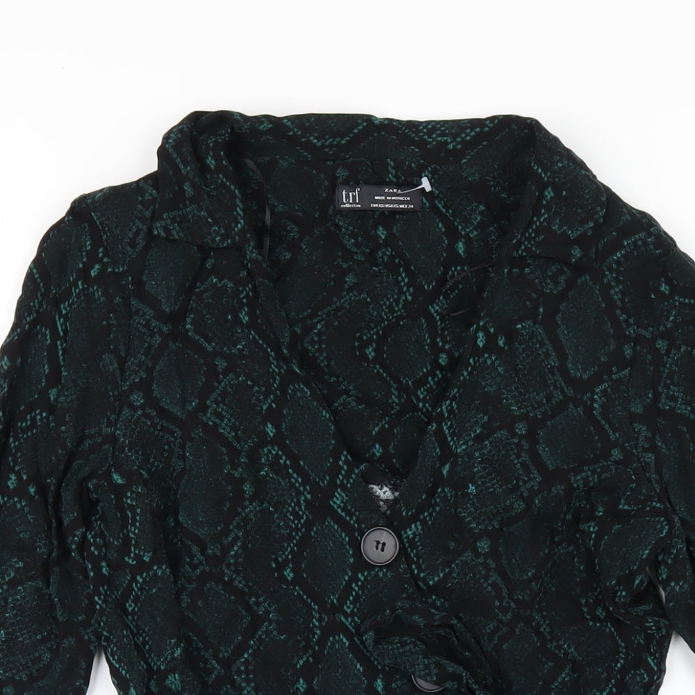 Zara Womens Green Animal Print Viscose Shirt Dress Size XS Collared Button - Snake Print