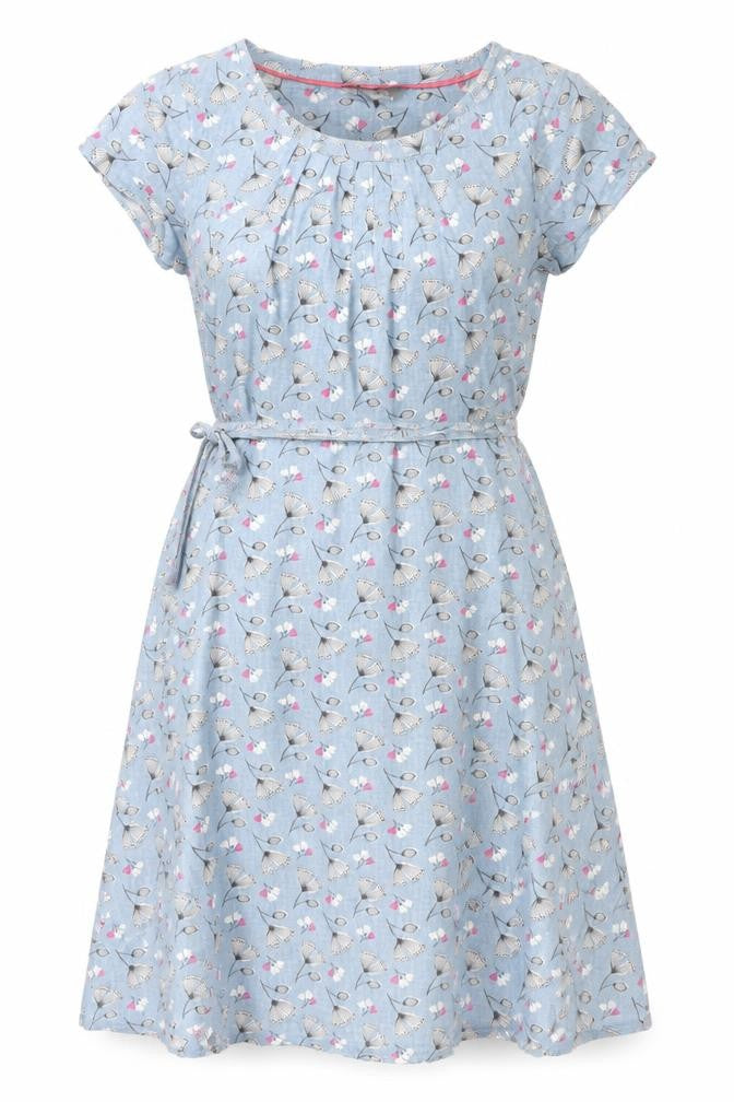 Lily & Me Womens Blue Geometric Linen A-Line Size 8 Round Neck Zip - Belted Floral Print