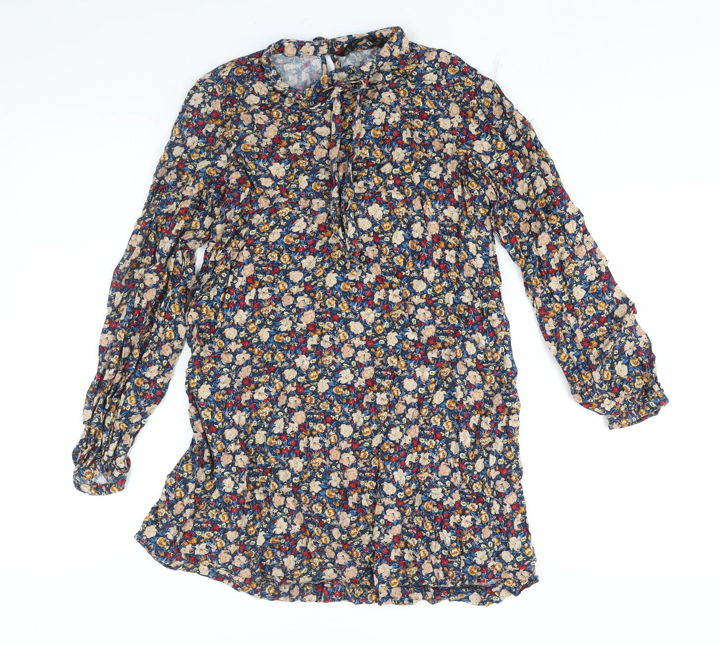 Zara Womens Multicoloured Floral Polyester Mini Size M Round Neck Button - Tie Detail