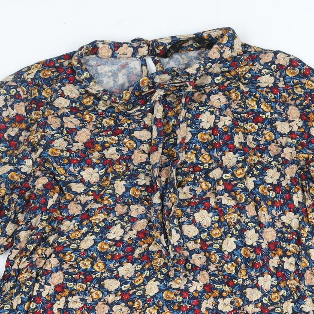 Zara Womens Multicoloured Floral Polyester Mini Size M Round Neck Button - Tie Detail