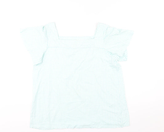 Lands' End Womens Green Check Cotton Basic Blouse Size M Square Neck