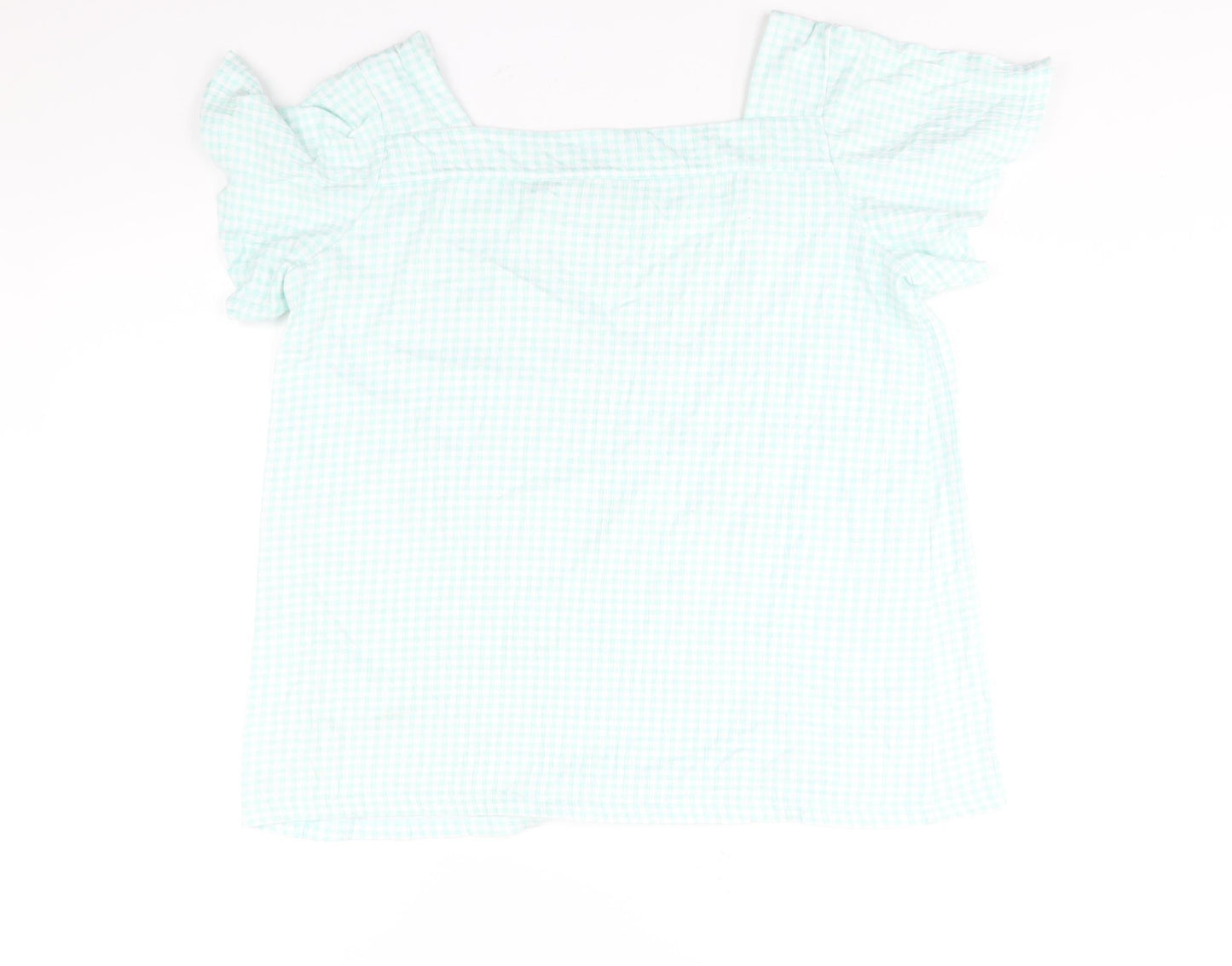 Lands' End Womens Green Check Cotton Basic Blouse Size M Square Neck