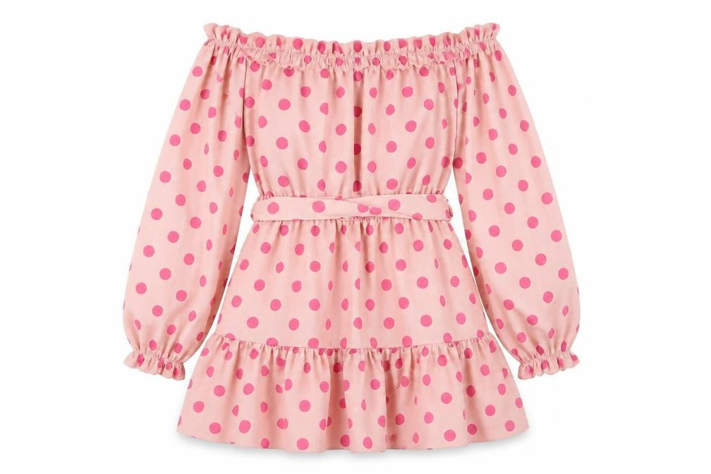 PRETTYLITTLETHING Womens Pink Polka Dot Polyester A-Line Size 12 Off the Shoulder Pullover - Frill Belted