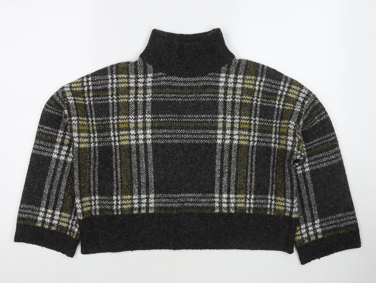 New Look Womens Grey Mock Neck Check Acrylic Pullover Jumper Size M