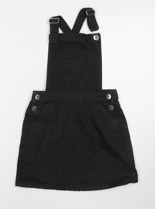 M&Co Girls Black Cotton Pinafore/Dungaree Dress Size 11 Years Square Neck Button - Glitter Detail