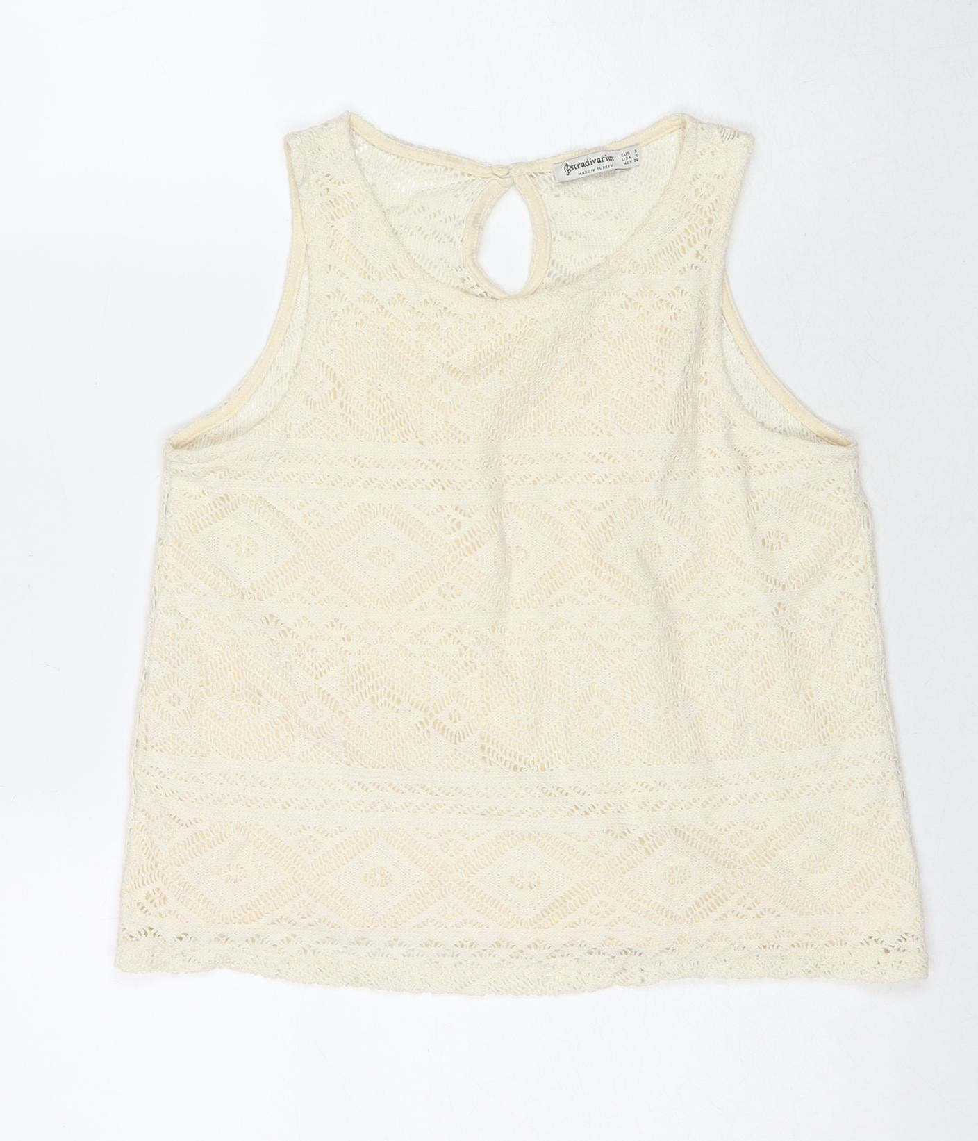 Stradivarius Womens Ivory Polyester Basic Tank Size S Round Neck
