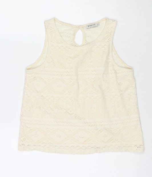 Stradivarius Womens Ivory Polyester Basic Tank Size S Round Neck