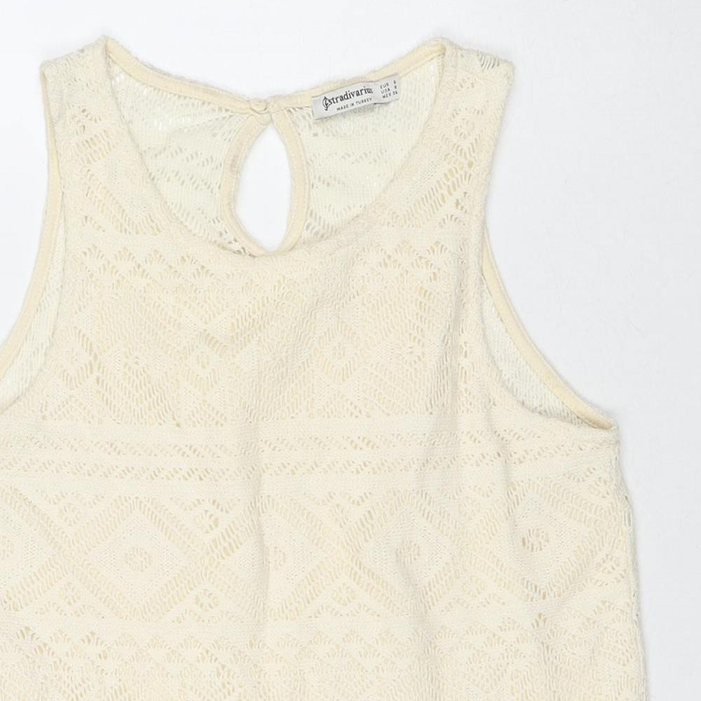 Stradivarius Womens Ivory Polyester Basic Tank Size S Round Neck