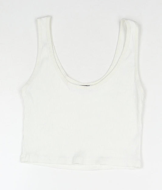 Stradivarius Womens White Polyester Blend Cropped Tank Size S Scoop Neck