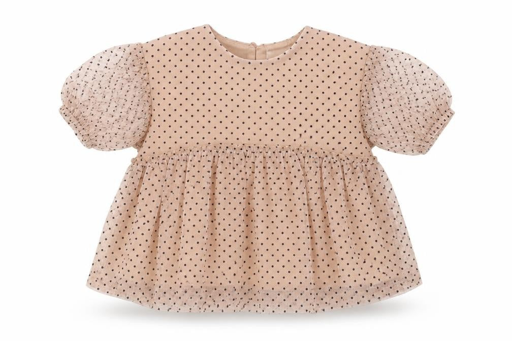 Front view of Next girls’ beige polka dot polyester basic blouse, size 9-12, months round neck button