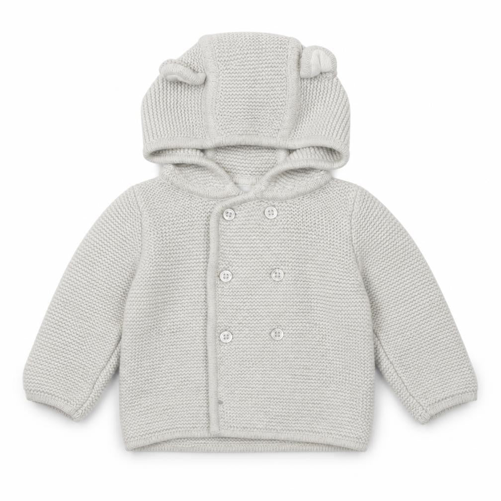 Front view of The White Company Baby Grey Coir Cardigan Jumper, size 3-6, Months Button