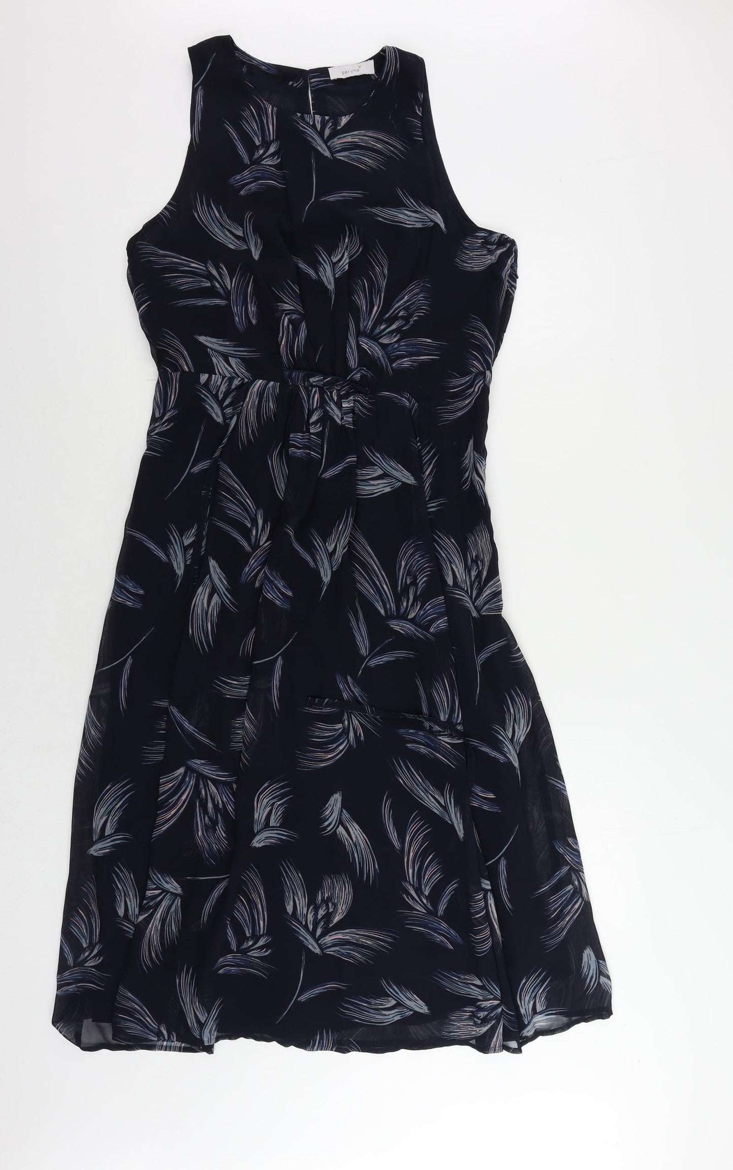 Per Una` Womens Blue Geometric Polyester A-Line Size 12 Round Neck Button