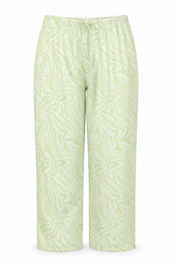 Front view of ASOS women’s green animal print polyester trousers, size UK 10 regular drawstring - adjustable waist