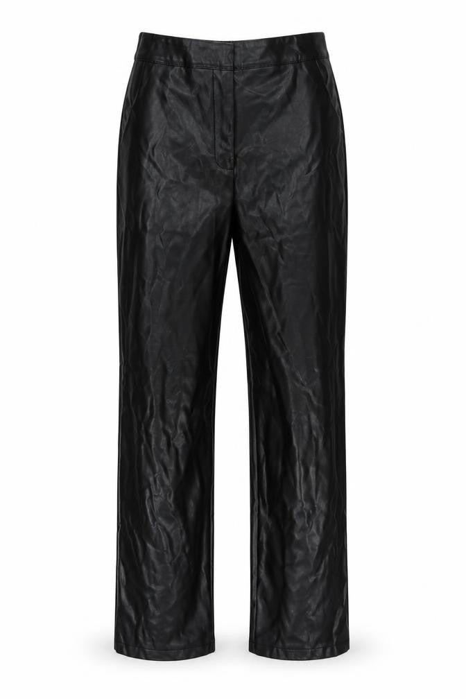 Front view of ASOS women’s black polyurethane trousers, size UK 8, 31-inch leg regular zip - faux leather