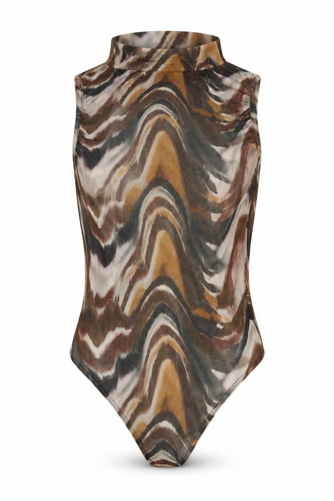 PRETTYLITTLETHING Womens Brown Geometric Polyester Bodysuit One-Piece Size 8 Snap - Sheer