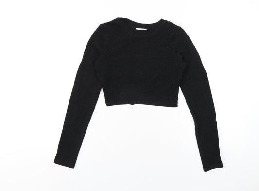 Pull&Bear Womens Black Polyethylene Cropped T-Shirt Size S Round Neck