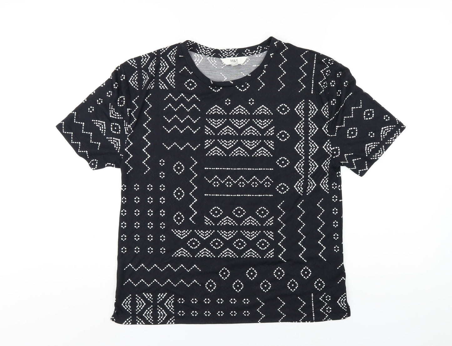 Marks and Spencer Womens Black Geometric Polyester Basic T-Shirt Size 8 Round Neck