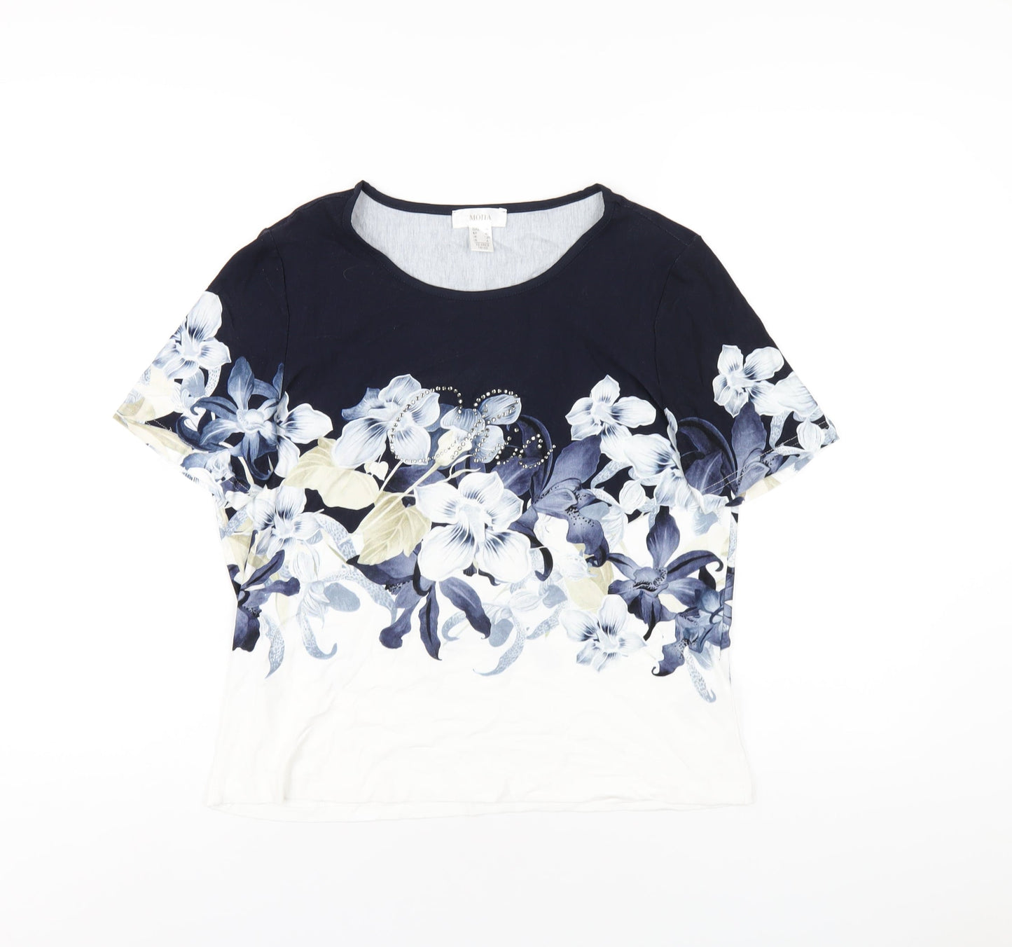 Mona Womens Blue Floral Viscose Basic Blouse Size 12 Round Neck