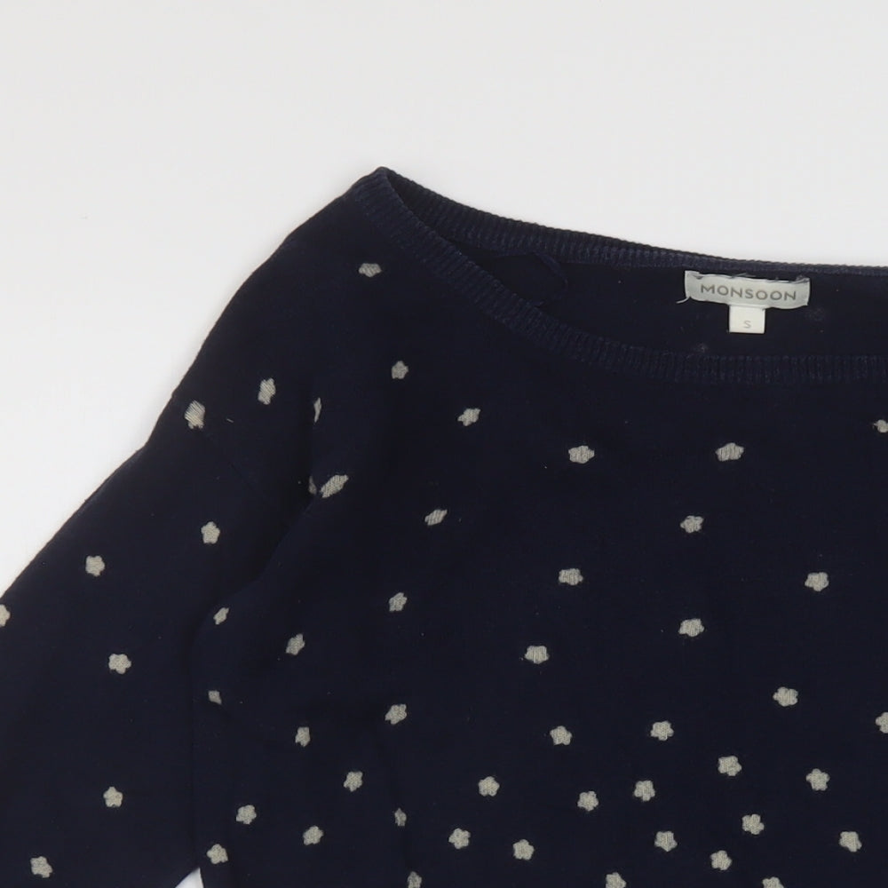 Monsoon Womens Blue Boat Neck Geometric Cotton Pullover Jumper Size S