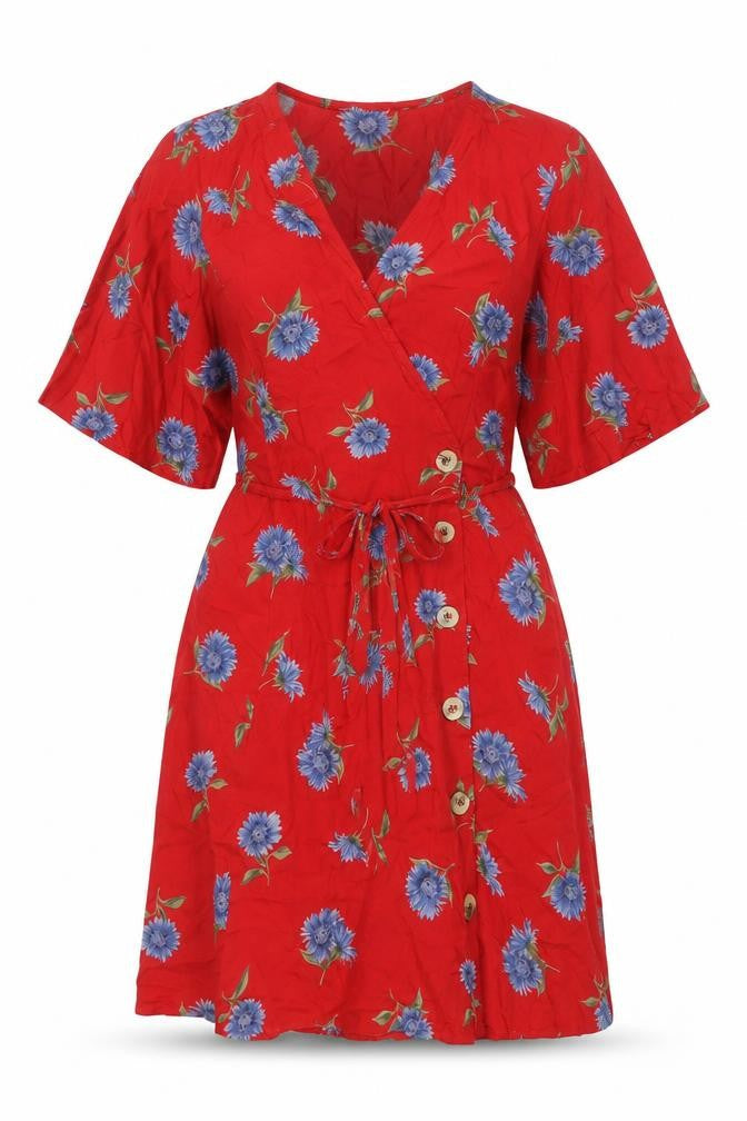 ASOS Womens Red Floral Viscose Wrap Dress Size 10 V-Neck Tie - Belted