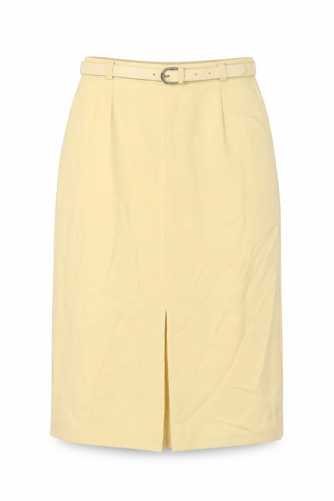 Front view of C&A women’s yellow polyester straight & pencil skirt, size UK 12, zip - belted button detail
