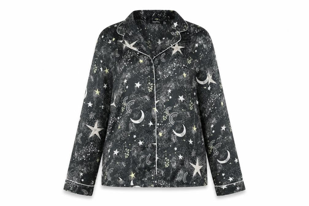 Boohoo Womens Black Geometric Polyester Top Pyjama Top Size 12 Button - Moon & Star Print