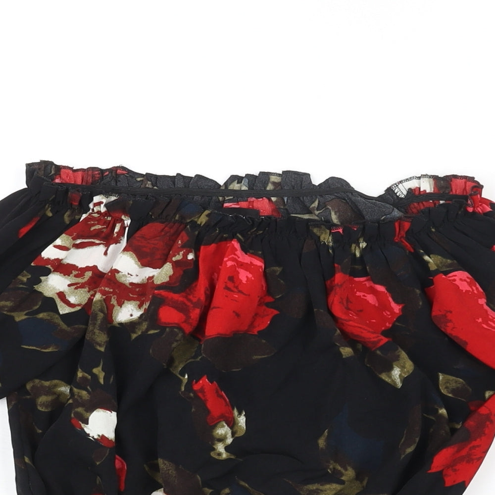 PRETTYLITTLETHING Womens Black Floral Polyester Cropped Blouse Size 10 Boat Neck - Rouched